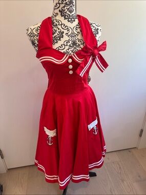 Hell Bunny Vixen Red Nautical Vintage Midi Dress with Anchor Appliques